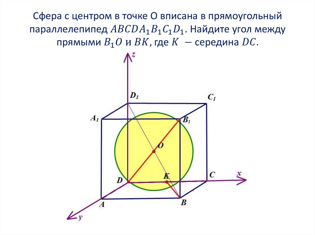Сфера с центром в точке О вписана в прямоугольный параллелепипед ABCDA_1 B_1 C_1 D_1. Найдите угол между прямыми B_1 O и BK,