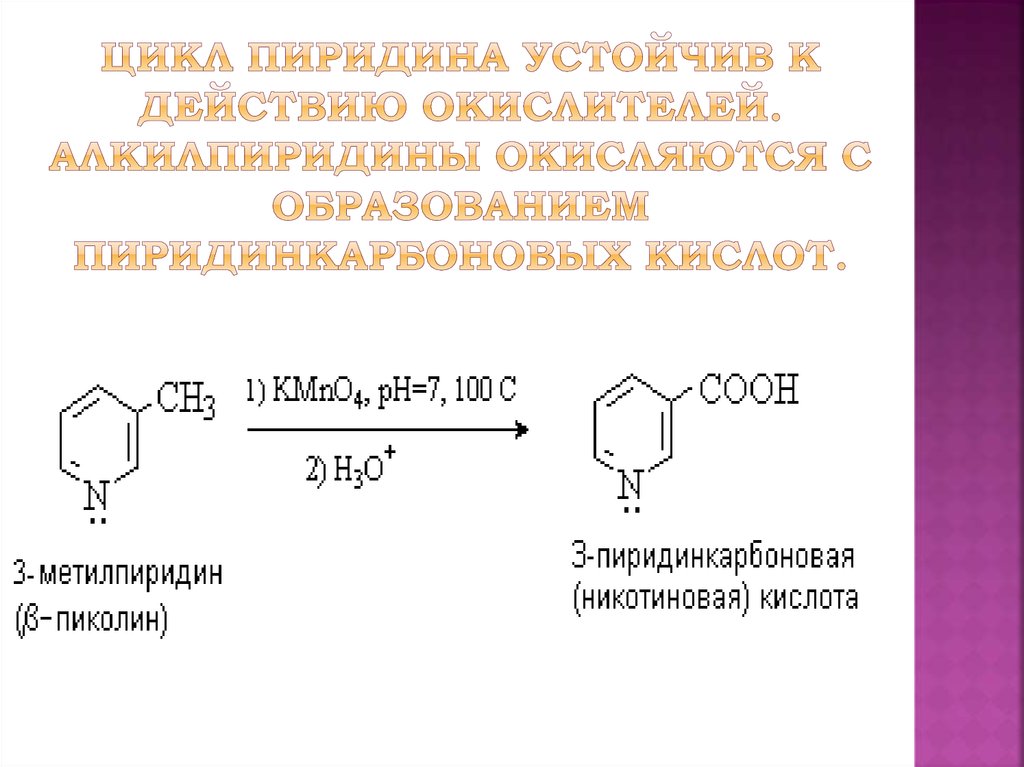 Цикл пиридина устойчив к действию окислителей. Алкилпиридины окисляются с образованием пиридинкарбоновых кислот.