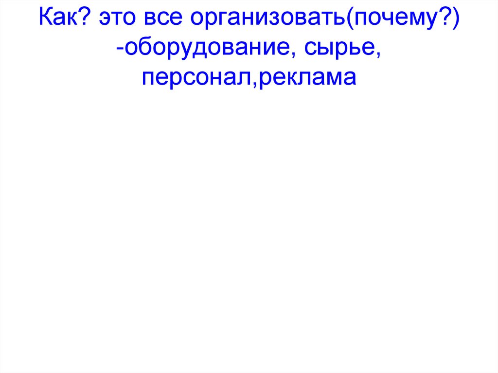 Как? это все организовать(почему?) -оборудование, сырье, персонал,реклама