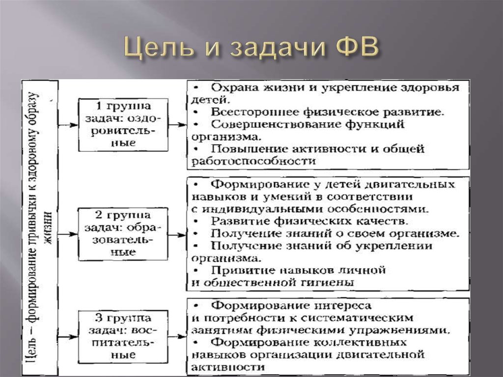 Цели задача система. Задачи ФВ. Цель и задачи ФВ детей школьного возраста. Цель ФВ. Задачи ФВ детей раннего и дошкольного возраста.