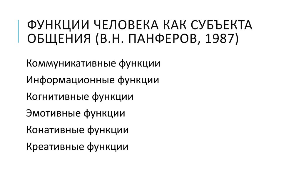 Функции человека как субъекта общения (В.Н. Панферов, 1987)